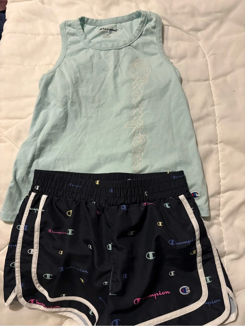 Champion Mint Tank Top with navy Logo-Print Shorts